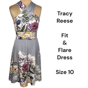 Tracy Reese blue gray floral silk crepe fit and flare dress watercolor floral